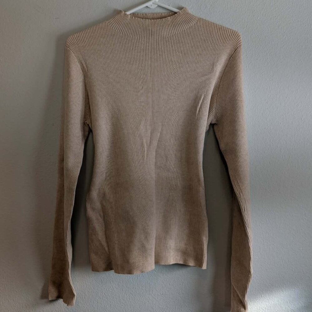 *3/$25* Pink Lily Women's Tan Ribbed Turtleneck Sweater with Tie - Size XL